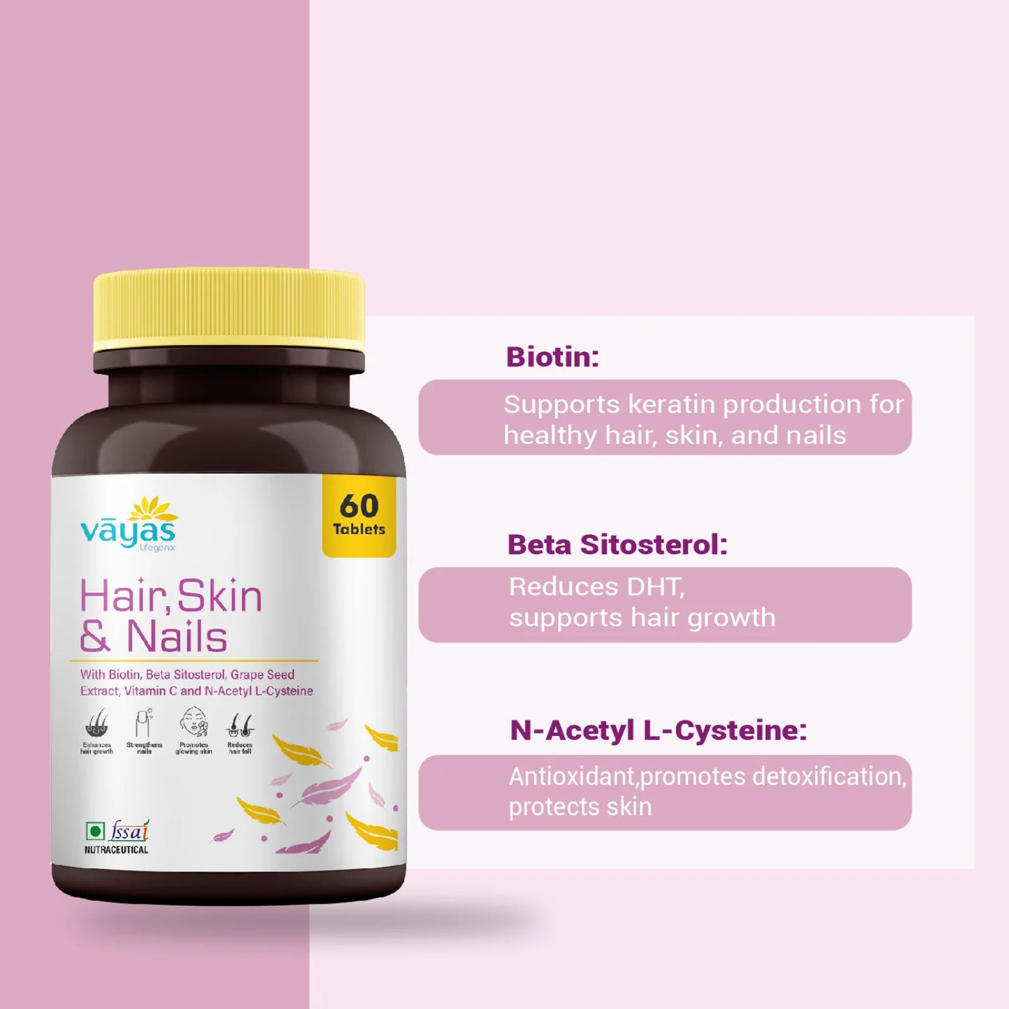 Vāyas Hair, Skin & Nails Supplement | With Biotin, Hyaluronic Acid & Vitamin C | For Glowing Skin & Hair Growth