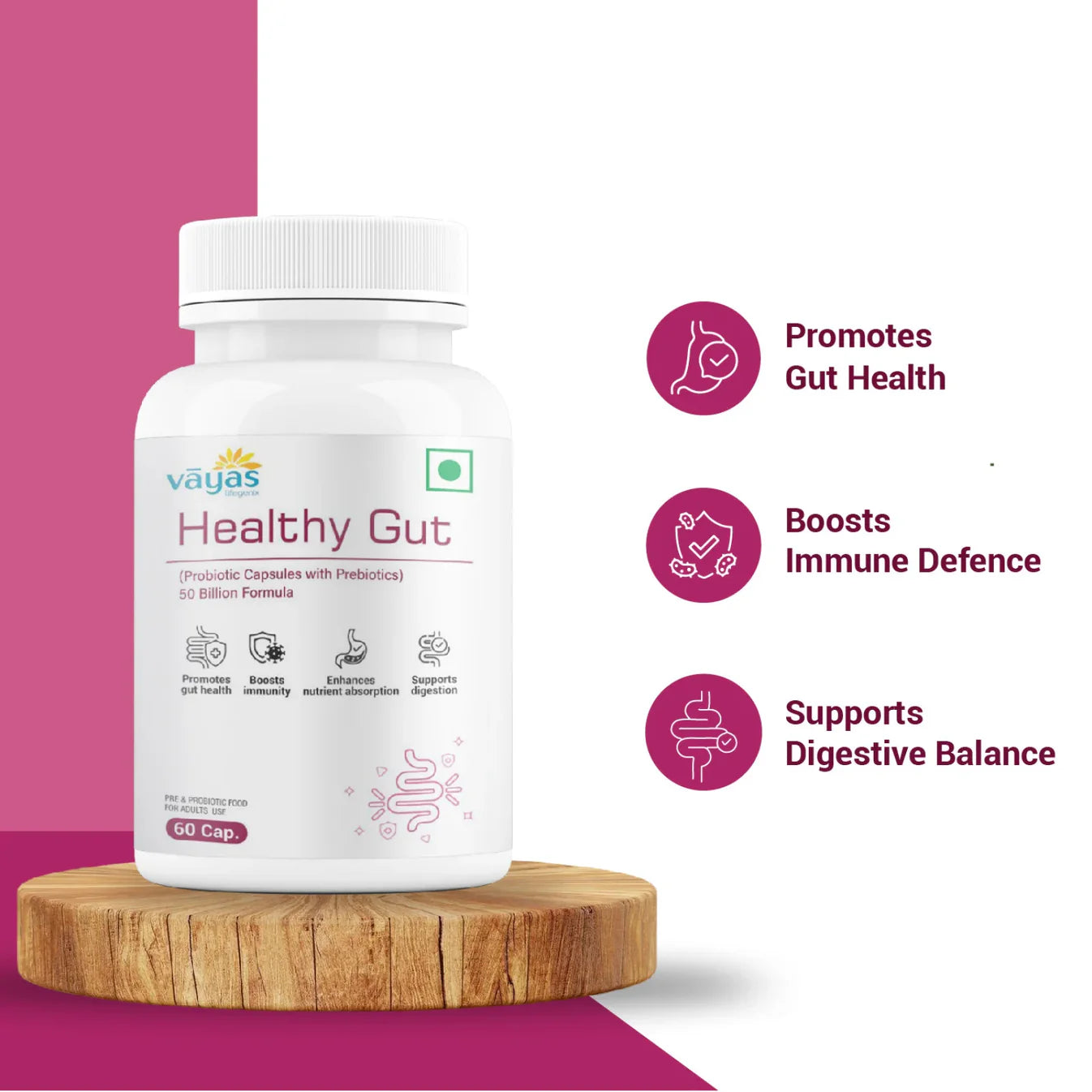 Vāyas Healthy Gut: Buy 1 Get 1 FREE (50 Billion Probiotic & Prebiotic Immunity Formula)