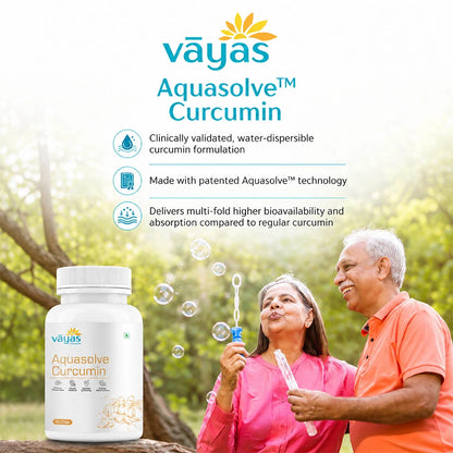 Vāyas Life Aquasolve Curcumin| High Absorption Turmeric Extract | Potent Anti-inflammatory & Joint Mobility | Boosts Immune Response & Overall Vitality | Supports Post-Activity Recovery | Potent Antioxidant & Cellular Protection | 30 Capsules