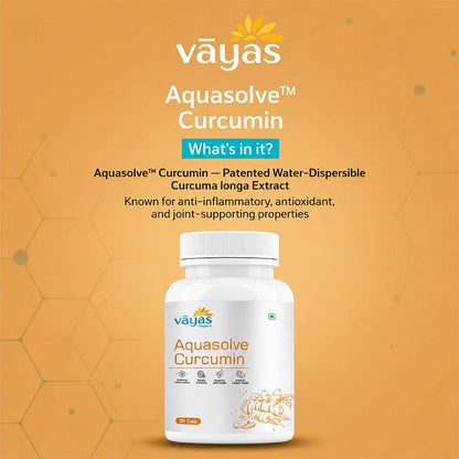 Vāyas Life Aquasolve Curcumin| High Absorption Turmeric Extract | Potent Anti-inflammatory & Joint Mobility | Boosts Immune Response & Overall Vitality | Supports Post-Activity Recovery | Potent Antioxidant & Cellular Protection | 30 Capsules