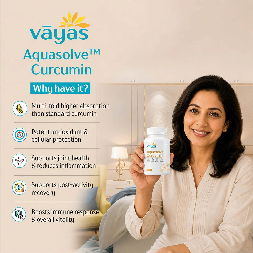 Vāyas Life Aquasolve Curcumin| High Absorption Turmeric Extract | Potent Anti-inflammatory & Joint Mobility | Boosts Immune Response & Overall Vitality | Supports Post-Activity Recovery | Potent Antioxidant & Cellular Protection | 30 Capsules