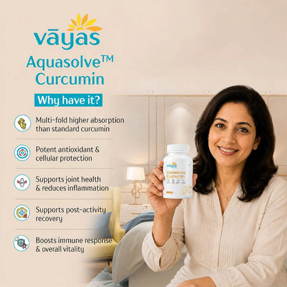 Vāyas Life Aquasolve Curcumin| High Absorption Turmeric Extract | Potent Anti-inflammatory & Joint Mobility | Boosts Immune Response & Overall Vitality | Supports Post-Activity Recovery | Potent Antioxidant & Cellular Protection | 30 Capsules
