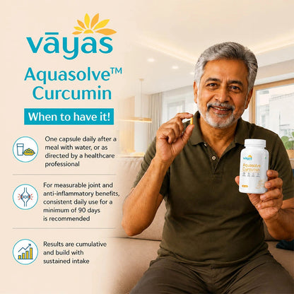 Vāyas Life Aquasolve Curcumin| High Absorption Turmeric Extract | Potent Anti-inflammatory & Joint Mobility | Boosts Immune Response & Overall Vitality | Supports Post-Activity Recovery | Potent Antioxidant & Cellular Protection | 30 Capsules