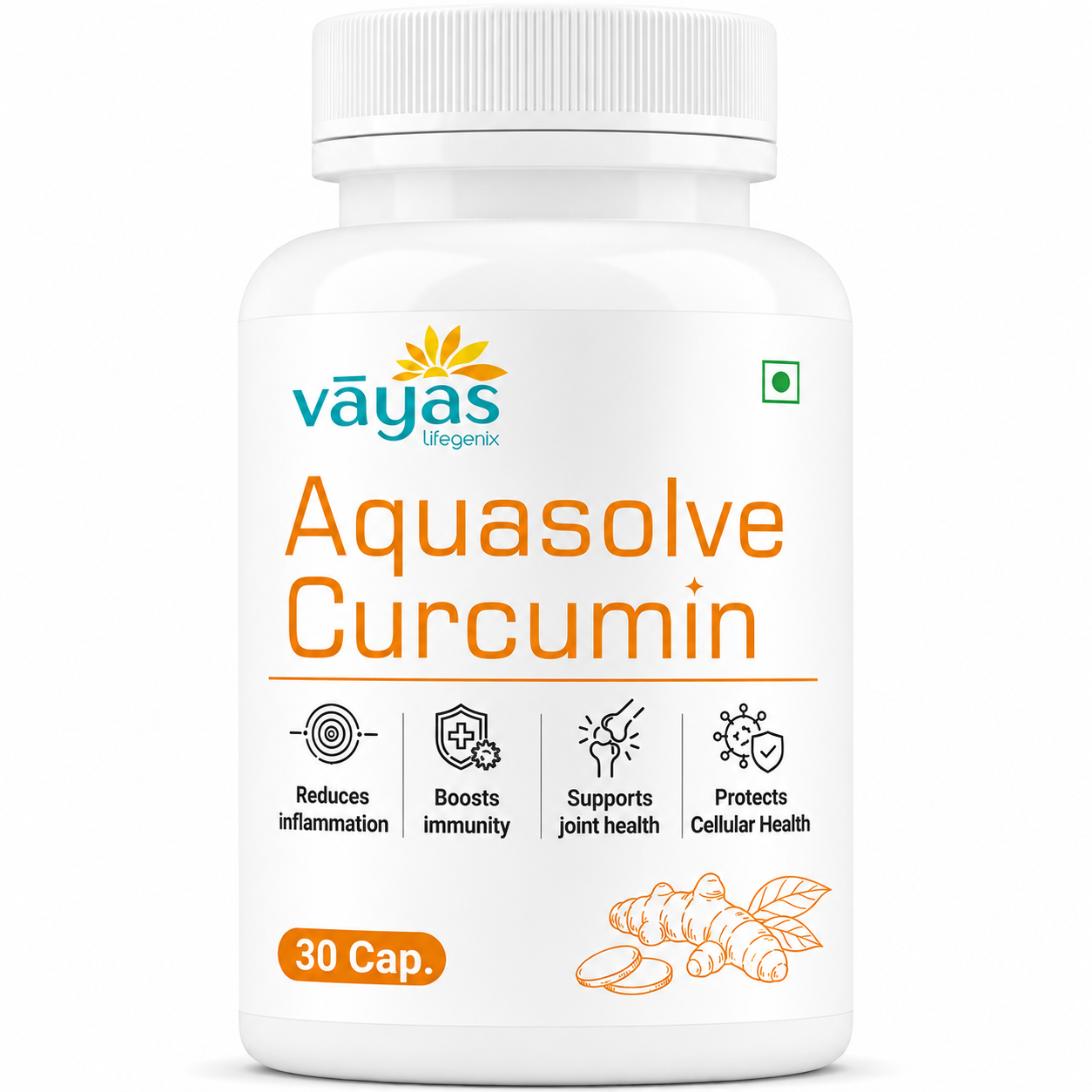 Vāyas Life Aquasolve Curcumin| High Absorption Turmeric Extract | Potent Anti-inflammatory & Joint Mobility | Boosts Immune Response & Overall Vitality | Supports Post-Activity Recovery | Potent Antioxidant & Cellular Protection | 30 Capsules