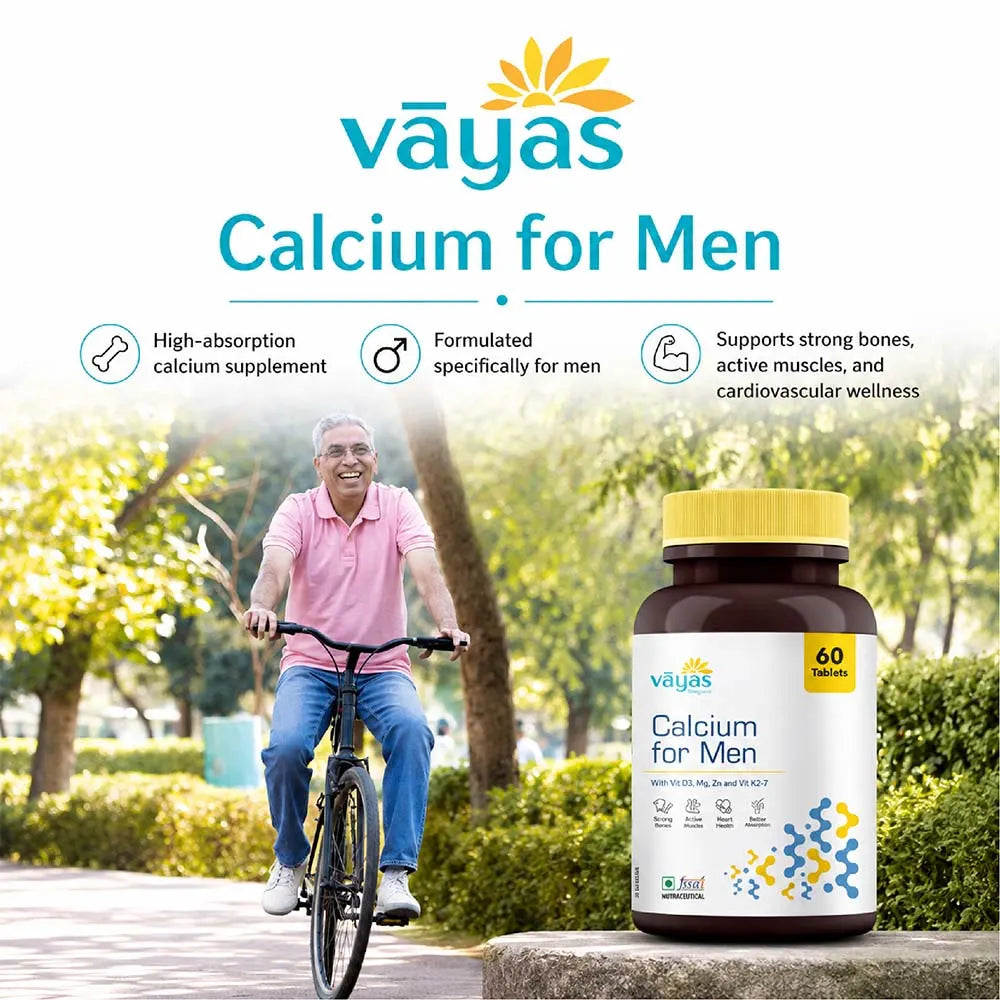 Vāyas Life Calcium for Men with Vitamin D3, K2-7, Zinc & Magnesium | Builds Bone Density, Muscle & Heart Health | Enhances Muscle Contraction and Recovery | Supports Testosterone & Immunity | Supports Stronger Bones & Teeth | 60 Tablets