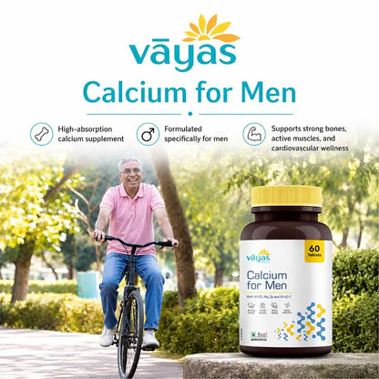 Vāyas Life Calcium for Men with Vitamin D3, K2-7, Zinc & Magnesium | Builds Bone Density, Muscle & Heart Health | Enhances Muscle Contraction and Recovery | Supports Testosterone & Immunity | Supports Stronger Bones & Teeth | 60 Tablets