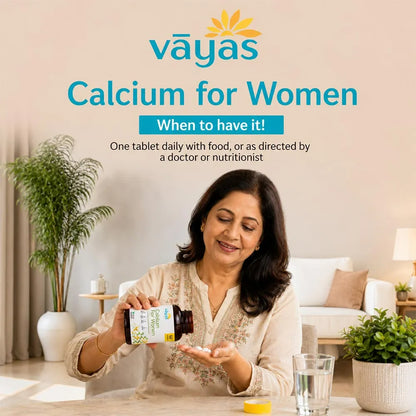 Vāyas Life Calcium for Women with Calcium Citrate, Soy Isoflavones, Vitamin D2, Magnesium & Zinc | Builds & Maintains Bone Density | Supports Hormonal Balance through Life Transitions | Specially Formulated for Women 30+ | 60 Tablets