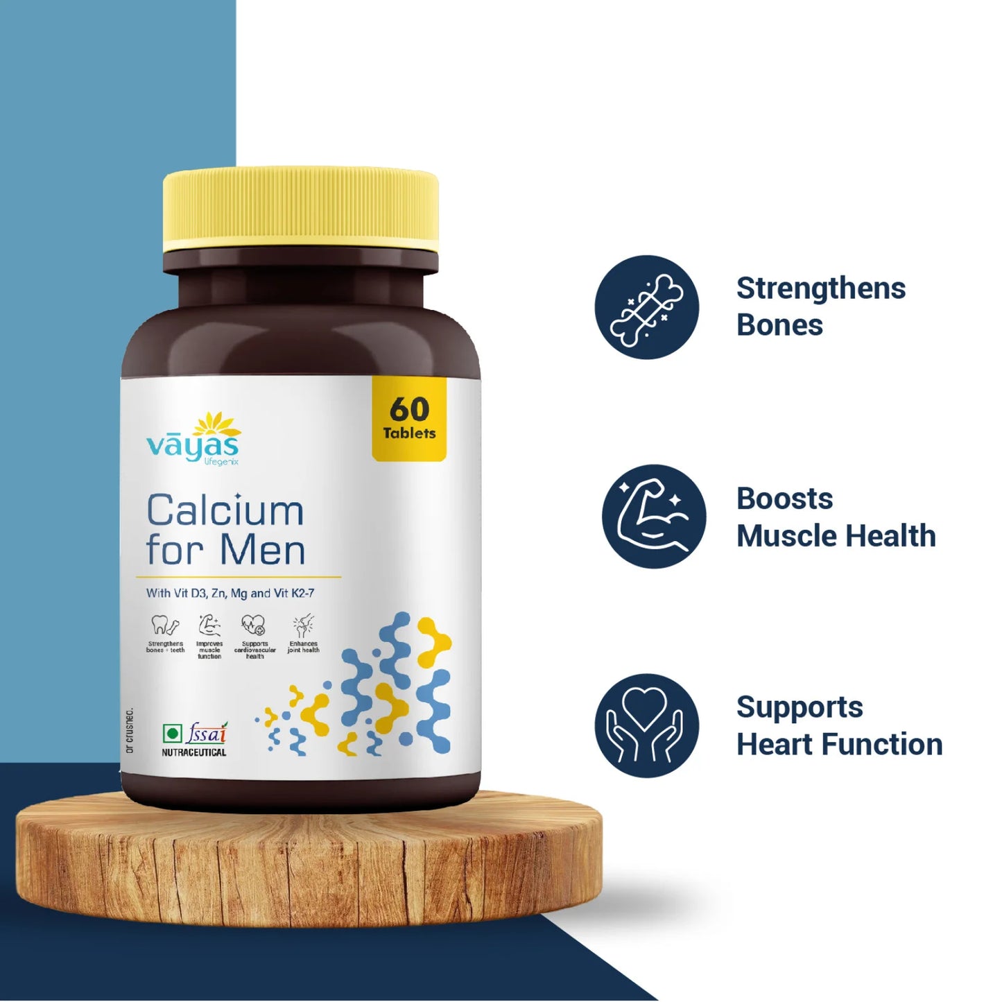 Vāyas Calcium for Men with Vitamin D3, K2-7, Zinc & Magnesium | Bone Density, Muscle & Heart Health