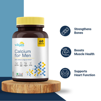 Vāyas Calcium for Men with Vitamin D3, K2-7, Zinc & Magnesium | Bone Density, Muscle & Heart Health