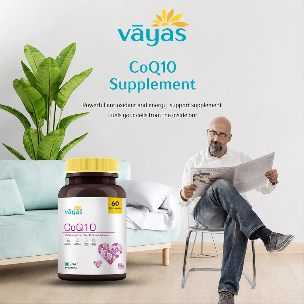 Vāyas Life CoQ10 with L-Arginine, EPA, DHA & Selenium | Supports Heart Muscle Function & Cardiovascular Health | Improves Blood Flow & Vascular Health | Reduces Cardiovascular Inflammation | Boosts Cellular Energy & Reduces Fatigue | 60 Capsules