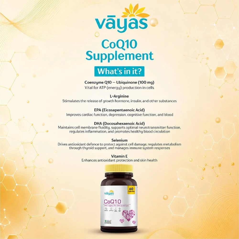 Vāyas Life CoQ10 with L-Arginine, EPA, DHA & Selenium | Supports Heart Muscle Function & Cardiovascular Health | Improves Blood Flow & Vascular Health | Reduces Cardiovascular Inflammation | Boosts Cellular Energy & Reduces Fatigue | 60 Capsules