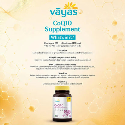 Vāyas Life CoQ10 with L-Arginine, EPA, DHA & Selenium | Supports Heart Muscle Function & Cardiovascular Health | Improves Blood Flow & Vascular Health | Reduces Cardiovascular Inflammation | Boosts Cellular Energy & Reduces Fatigue | 60 Capsules