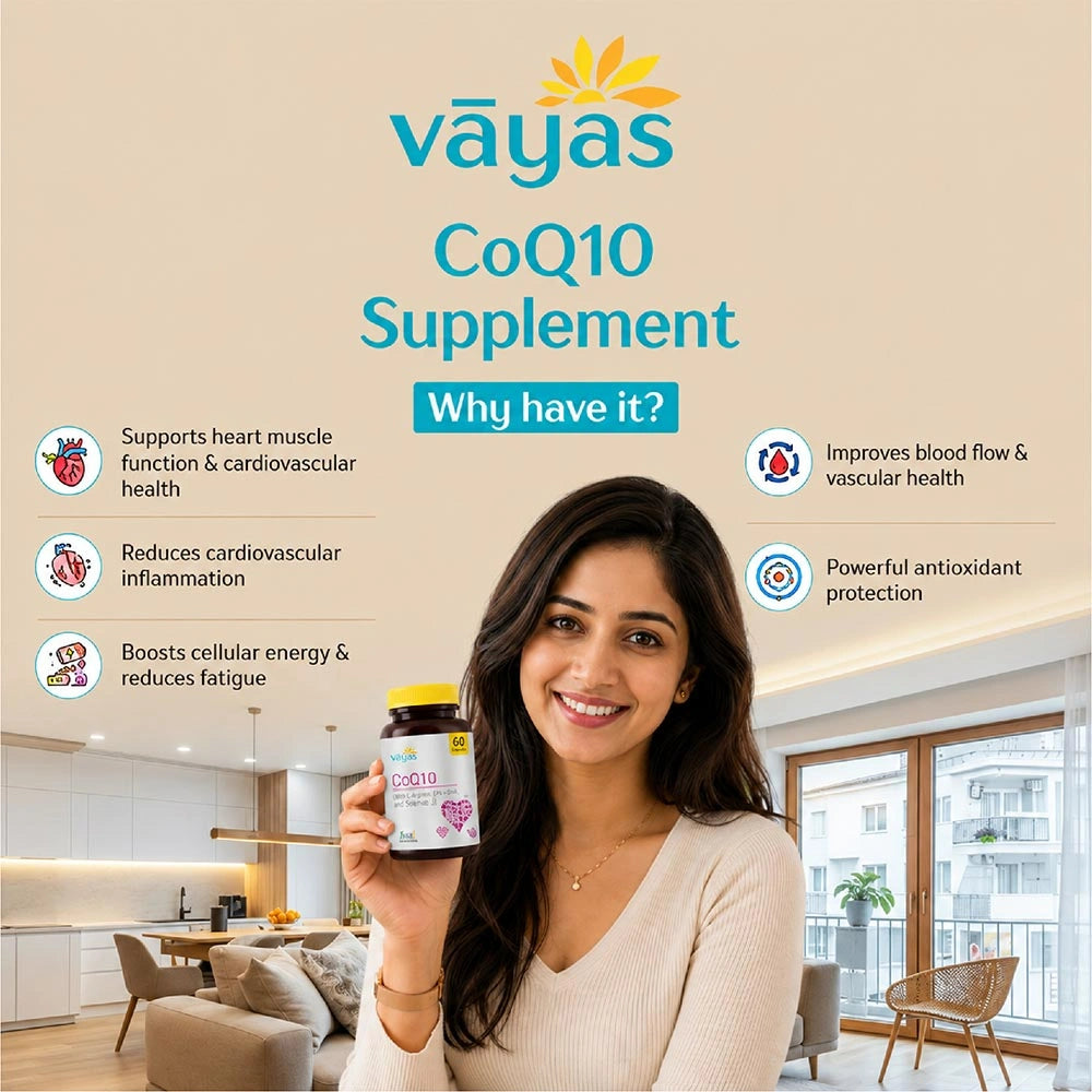 Vāyas Life CoQ10 with L-Arginine, EPA, DHA & Selenium | Supports Heart Muscle Function & Cardiovascular Health | Improves Blood Flow & Vascular Health | Reduces Cardiovascular Inflammation | Boosts Cellular Energy & Reduces Fatigue | 60 Capsules