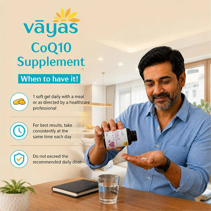 Vāyas Life CoQ10 with L-Arginine, EPA, DHA & Selenium | Supports Heart Muscle Function & Cardiovascular Health | Improves Blood Flow & Vascular Health | Reduces Cardiovascular Inflammation | Boosts Cellular Energy & Reduces Fatigue | 60 Capsules