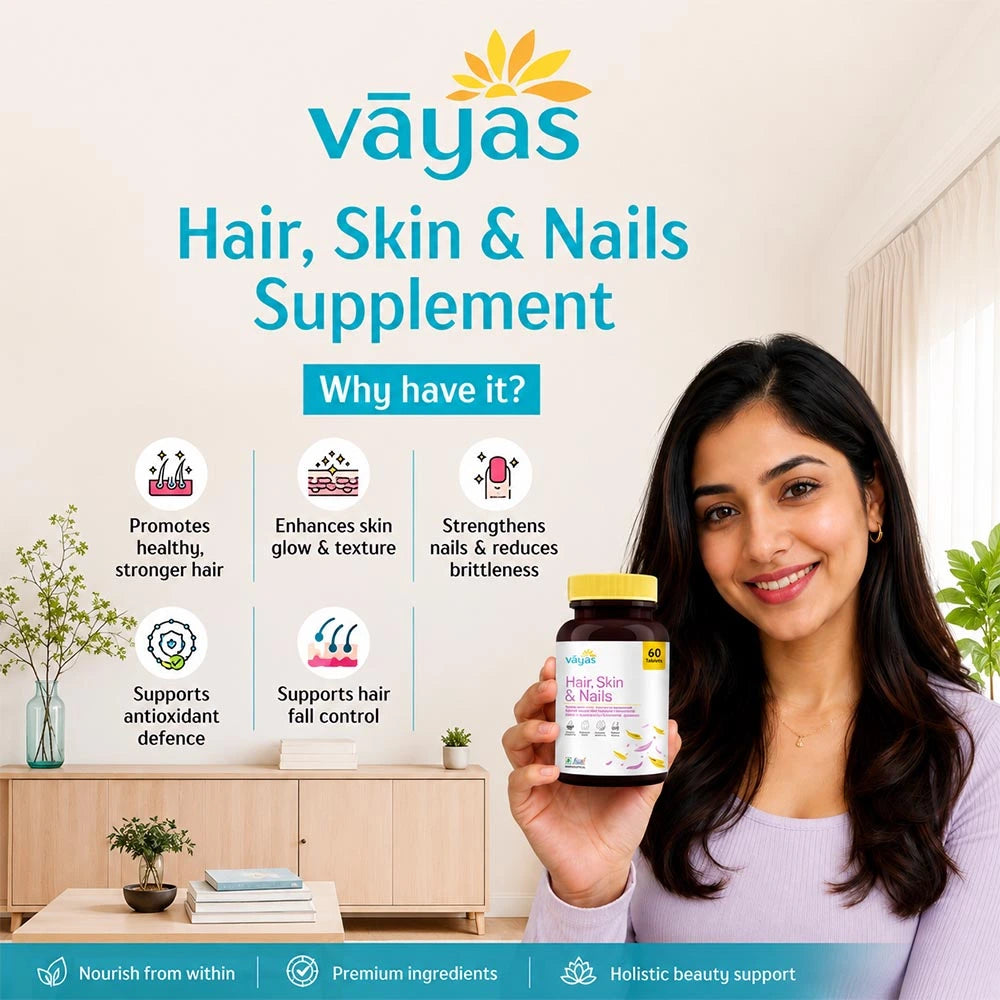 Vāyas Life Hair, Skin & Nails Supplement with Biotin, Hyaluronic Acid & Vitamin C | Supports Hair Growth & Reduces Hair Fall | Plumps & Hydrates Skin for Youthful Glow | Strengthens Brittle Nails | Boosts Collagen Synthesis | 60 Tablets