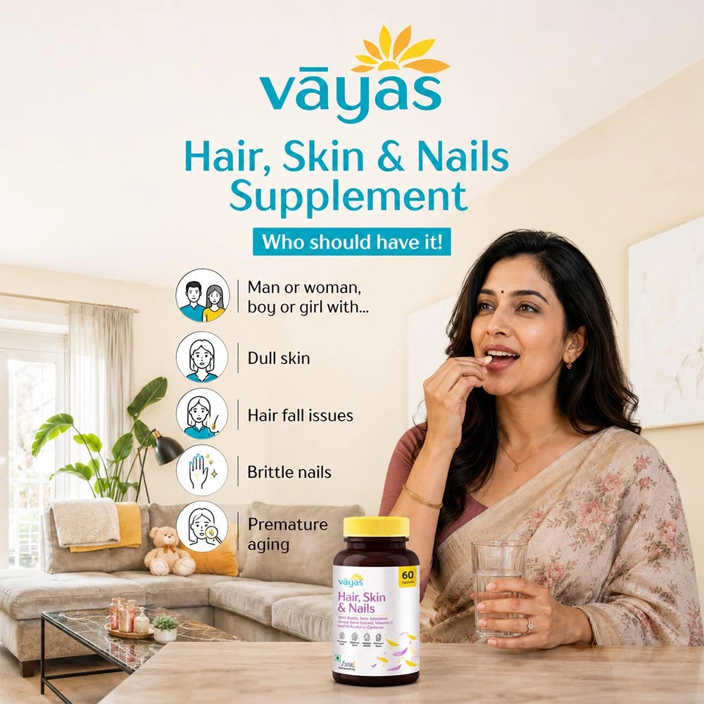 Vāyas Life Hair, Skin & Nails Supplement with Biotin, Hyaluronic Acid & Vitamin C | Supports Hair Growth & Reduces Hair Fall | Plumps & Hydrates Skin for Youthful Glow | Strengthens Brittle Nails | Boosts Collagen Synthesis | 60 Tablets