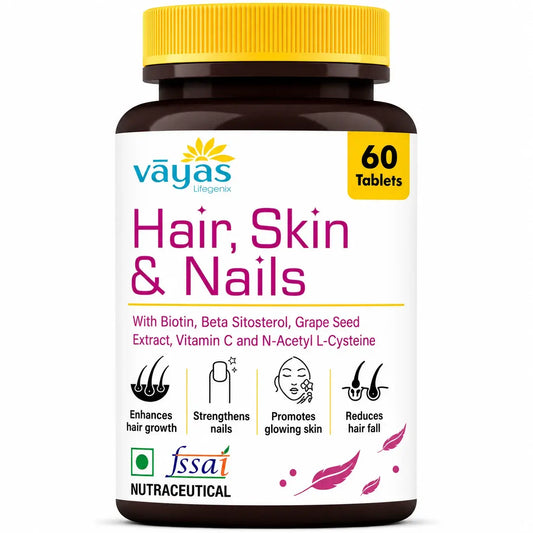 Vāyas Hair, Skin & Nails Biotin Supplement | Iron, Zinc, Vitamin C & Amino Acids | Hair Growth, Healthy Skin & Strong Nails | 60 Tablets