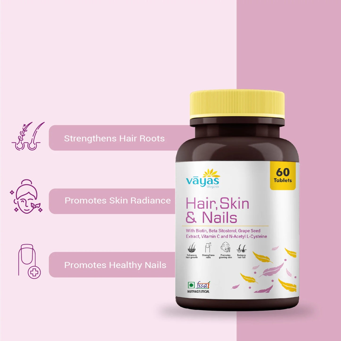 Vāyas Hair, Skin & Nails Supplement | With Biotin, Hyaluronic Acid & Vitamin C | For Glowing Skin & Hair Growth