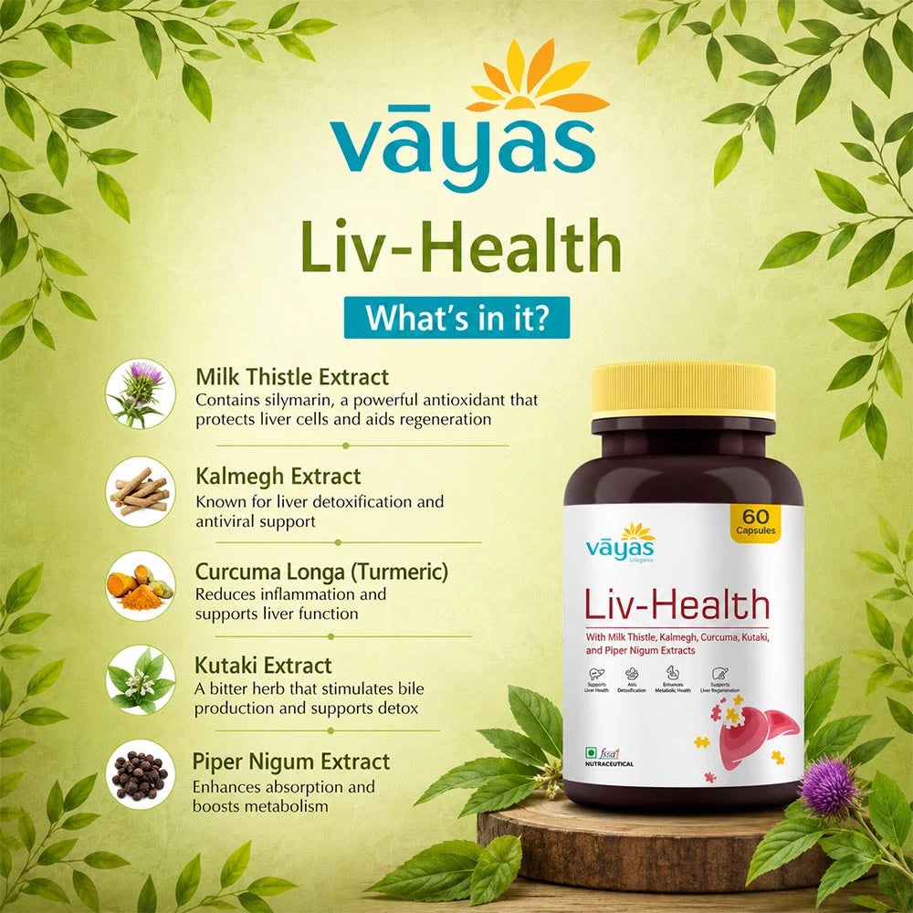 Vāyas Life Liv-Health Liver Support Supplement with Milk Thistle and Potent Phytochemicals | Supports Natural Liver Detox Processes | Encourages Healthy Enzyme Activity | Aids Digestive Balance | 60 Capsules