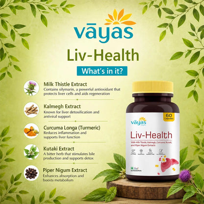 Vāyas Life Liv-Health Liver Support Supplement with Milk Thistle and Potent Phytochemicals | Supports Natural Liver Detox Processes | Encourages Healthy Enzyme Activity | Aids Digestive Balance | 60 Capsules