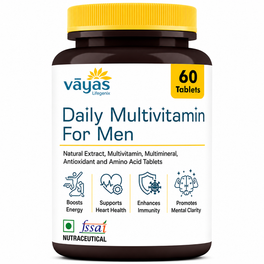 Vāyas Life Daily Multivitamin for Men with Essential Minerals, Vitamins, Ginseng, Omega-3 Fatty Acids, Vitamin D3, Lycopene & Lactic Acid Bacillus | Boosts Energy, Immunity & Focus | Improves Mental Clarity & Focus | Supports Heart Health | 60 Tablets
