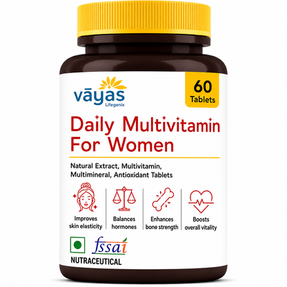 Vāyas Life Daily Multivitamin for Women with Citrus Bioflavonoids, Evening Primrose Oil, Borage Oil, Magnesium & Vitamin D3 | Enhances Skin Elasticity & Natural Glow | Supports Hormonal Balance | Strengthens Bones & Mineral Absorption | 60 Tablets