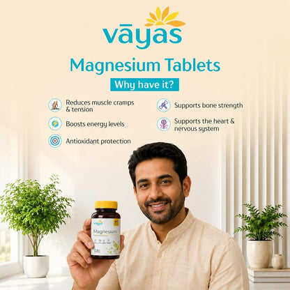 Vāyas Life Magnesium Tablets with D3, E & B12 | Helps Reduce Muscle Cramps | Supports Better Sleep Quality| Supports Bone Strength|  Supports Daily Relaxation | 60 Tablets