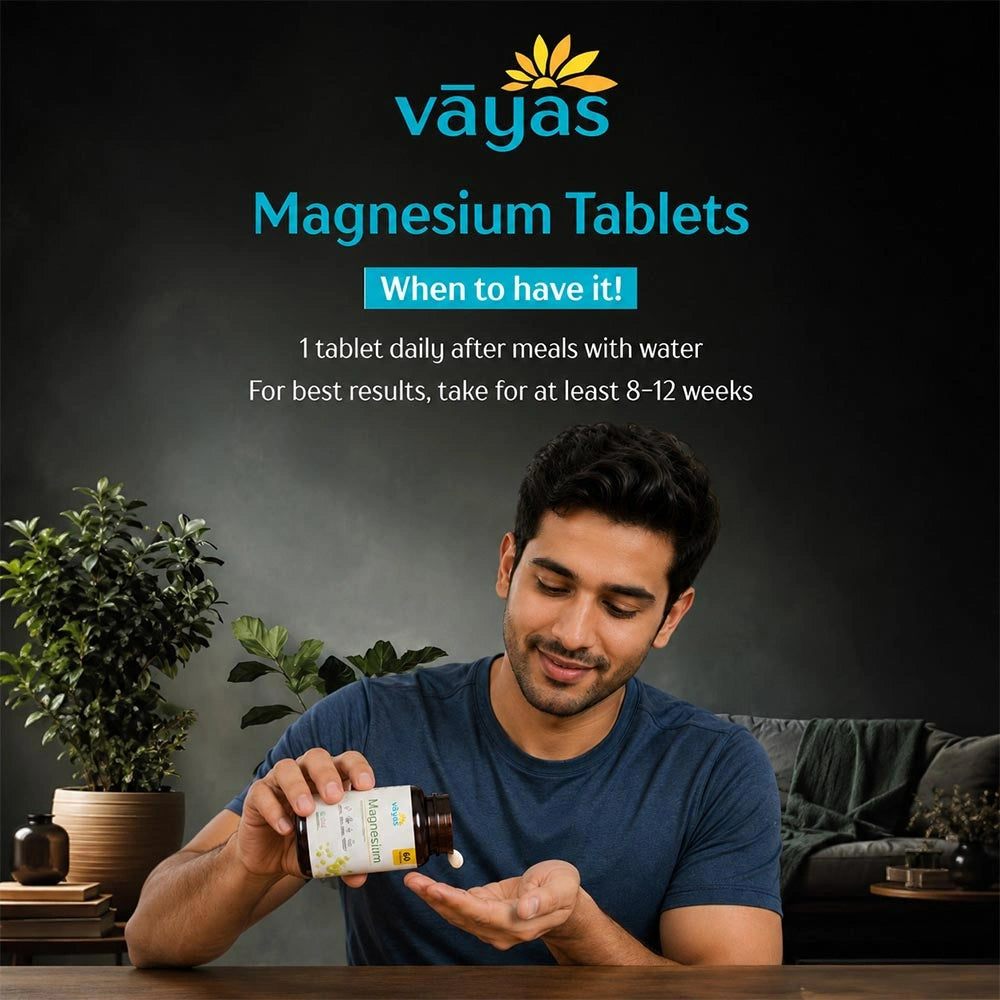Vāyas Life Magnesium Tablets with D3, E & B12 | Helps Reduce Muscle Cramps | Supports Better Sleep Quality| Supports Bone Strength|  Supports Daily Relaxation | 60 Tablets