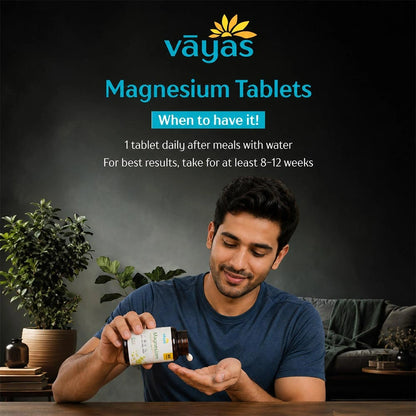 Vāyas Life Magnesium Tablets with D3, E & B12 | Helps Reduce Muscle Cramps | Supports Better Sleep Quality| Supports Bone Strength|  Supports Daily Relaxation | 60 Tablets