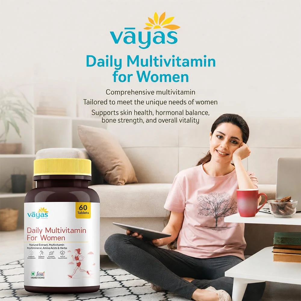 Vāyas Life Daily Multivitamin for Women with Citrus Bioflavonoids, Evening Primrose Oil, Borage Oil, Magnesium & Vitamin D3 | Enhances Skin Elasticity & Natural Glow | Supports Hormonal Balance | Strengthens Bones & Mineral Absorption | 60 Tablets