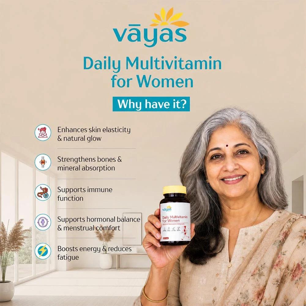 Vāyas Life Daily Multivitamin for Women with Citrus Bioflavonoids, Evening Primrose Oil, Borage Oil, Magnesium & Vitamin D3 | Enhances Skin Elasticity & Natural Glow | Supports Hormonal Balance | Strengthens Bones & Mineral Absorption | 60 Tablets