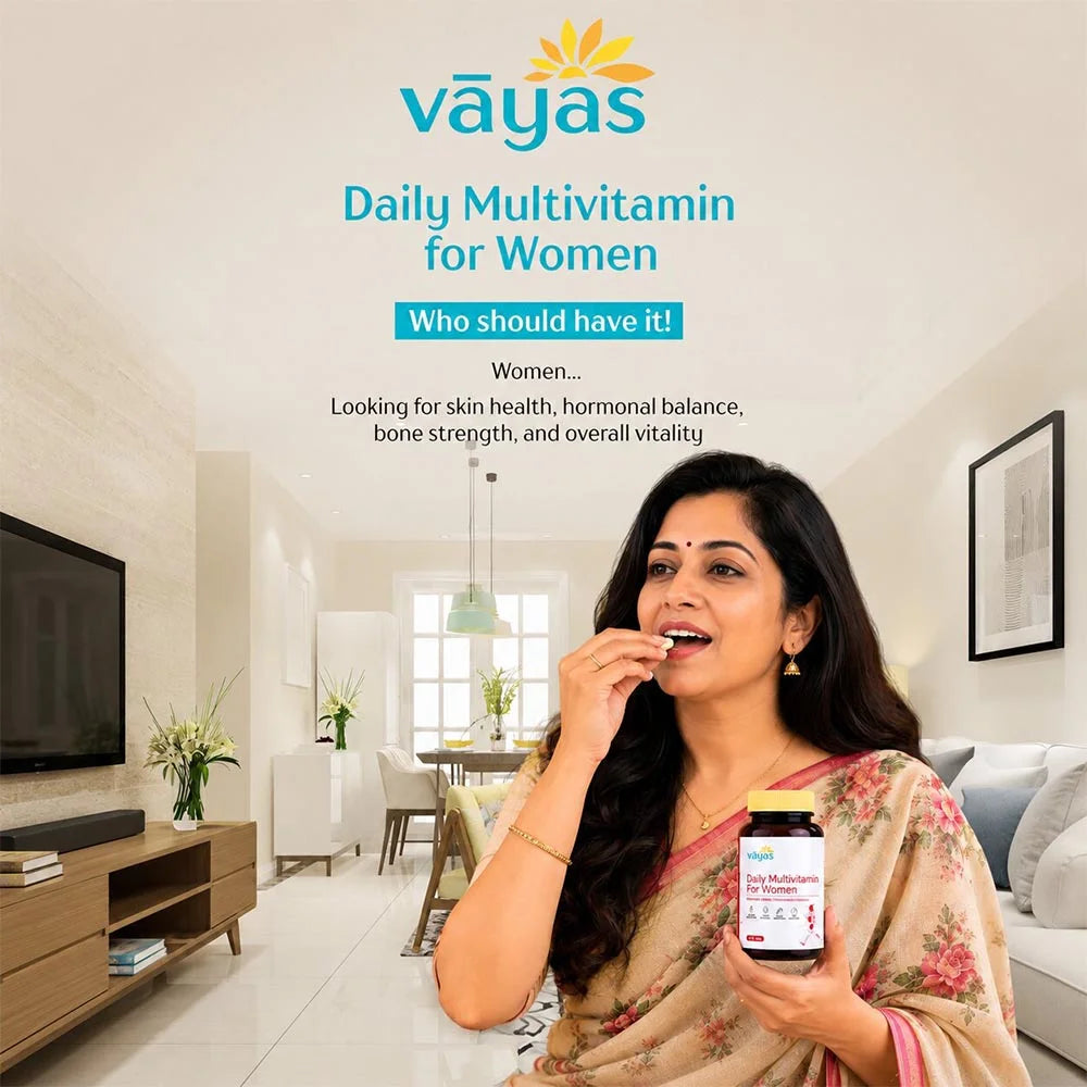Vāyas Life Daily Multivitamin for Women with Citrus Bioflavonoids, Evening Primrose Oil, Borage Oil, Magnesium & Vitamin D3 | Enhances Skin Elasticity & Natural Glow | Supports Hormonal Balance | Strengthens Bones & Mineral Absorption | 60 Tablets