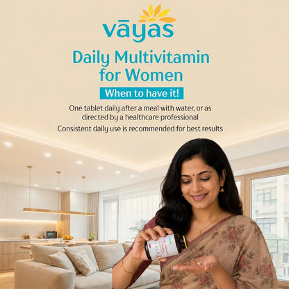 Vāyas Life Daily Multivitamin for Women with Citrus Bioflavonoids, Evening Primrose Oil, Borage Oil, Magnesium & Vitamin D3 | Enhances Skin Elasticity & Natural Glow | Supports Hormonal Balance | Strengthens Bones & Mineral Absorption | 60 Tablets