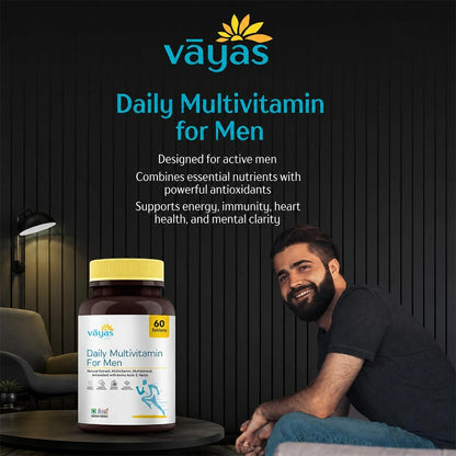 Vāyas Life Daily Multivitamin for Men with Essential Minerals, Vitamins, Ginseng, Omega-3 Fatty Acids, Vitamin D3, Lycopene & Lactic Acid Bacillus | Boosts Energy, Immunity & Focus | Improves Mental Clarity & Focus | Supports Heart Health | 60 Tablets