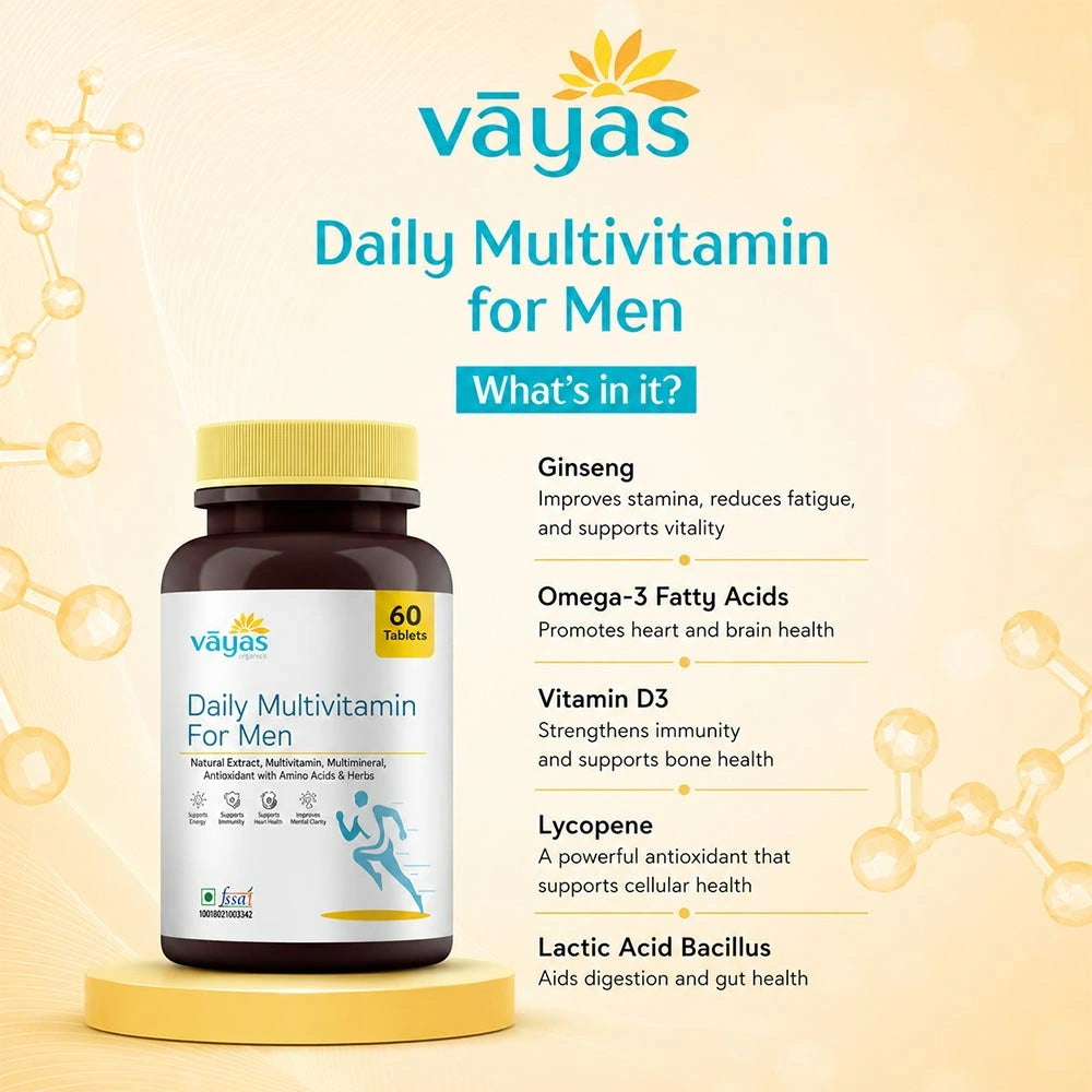 Vāyas Life Daily Multivitamin for Men with Essential Minerals, Vitamins, Ginseng, Omega-3 Fatty Acids, Vitamin D3, Lycopene & Lactic Acid Bacillus | Boosts Energy, Immunity & Focus | Improves Mental Clarity & Focus | Supports Heart Health | 60 Tablets