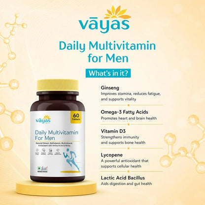 Vāyas Life Daily Multivitamin for Men with Essential Minerals, Vitamins, Ginseng, Omega-3 Fatty Acids, Vitamin D3, Lycopene & Lactic Acid Bacillus | Boosts Energy, Immunity & Focus | Improves Mental Clarity & Focus | Supports Heart Health | 60 Tablets