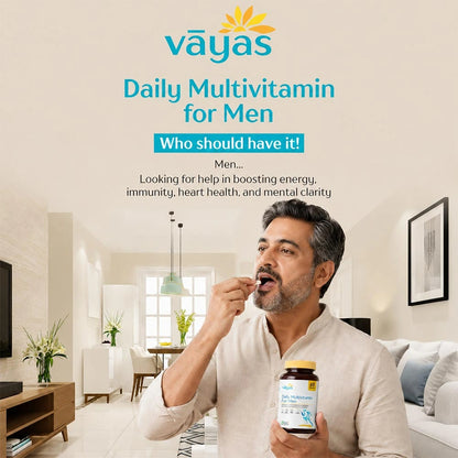 Vāyas Life Daily Multivitamin for Men with Essential Minerals, Vitamins, Ginseng, Omega-3 Fatty Acids, Vitamin D3, Lycopene & Lactic Acid Bacillus | Boosts Energy, Immunity & Focus | Improves Mental Clarity & Focus | Supports Heart Health | 60 Tablets
