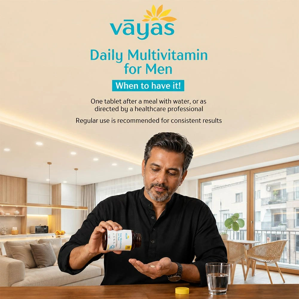 Vāyas Life Daily Multivitamin for Men with Essential Minerals, Vitamins, Ginseng, Omega-3 Fatty Acids, Vitamin D3, Lycopene & Lactic Acid Bacillus | Boosts Energy, Immunity & Focus | Improves Mental Clarity & Focus | Supports Heart Health | 60 Tablets