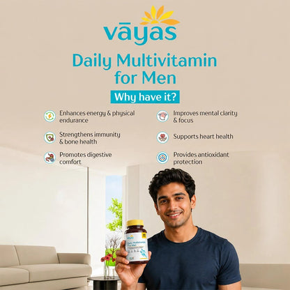Vāyas Life Daily Multivitamin for Men with Essential Minerals, Vitamins, Ginseng, Omega-3 Fatty Acids, Vitamin D3, Lycopene & Lactic Acid Bacillus | Boosts Energy, Immunity & Focus | Improves Mental Clarity & Focus | Supports Heart Health | 60 Tablets