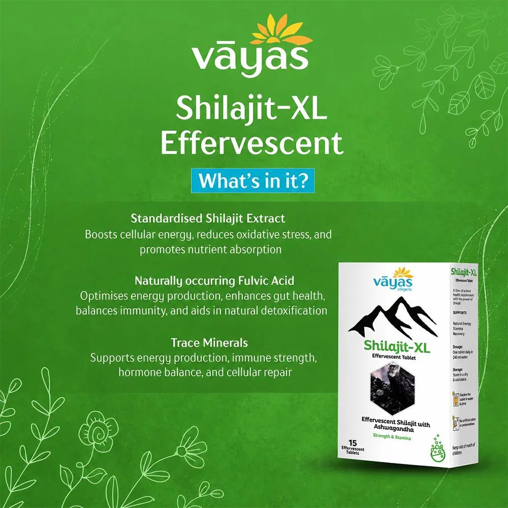 Vāyas Life Shilajit-XL Effervescent Tablets with Ashwagandha for Men | Boosts Natural Energy | Supports Endurance & Physical Performance | Enhances Cognitive Clarity | Supports Hormonal Wellness | 15 Tablets