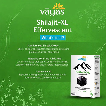 Vāyas Life Shilajit-XL Effervescent Tablets with Ashwagandha for Men | Boosts Natural Energy | Supports Endurance & Physical Performance | Enhances Cognitive Clarity | Supports Hormonal Wellness | 15 Tablets