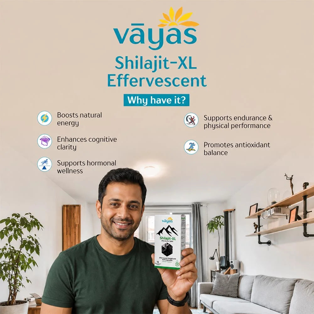 Vāyas Life Shilajit-XL Effervescent Tablets with Ashwagandha for Men | Boosts Natural Energy | Supports Endurance & Physical Performance | Enhances Cognitive Clarity | Supports Hormonal Wellness | 15 Tablets