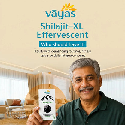 Vāyas Life Shilajit-XL Effervescent Tablets with Ashwagandha for Men | Boosts Natural Energy | Supports Endurance & Physical Performance | Enhances Cognitive Clarity | Supports Hormonal Wellness | 15 Tablets