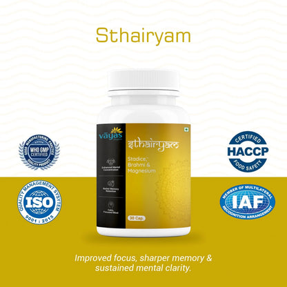 Vāyas Sthairyam | Cognitive Support for Focus, Memory & Calm | With Stadice®, Brahmi & Magnesium