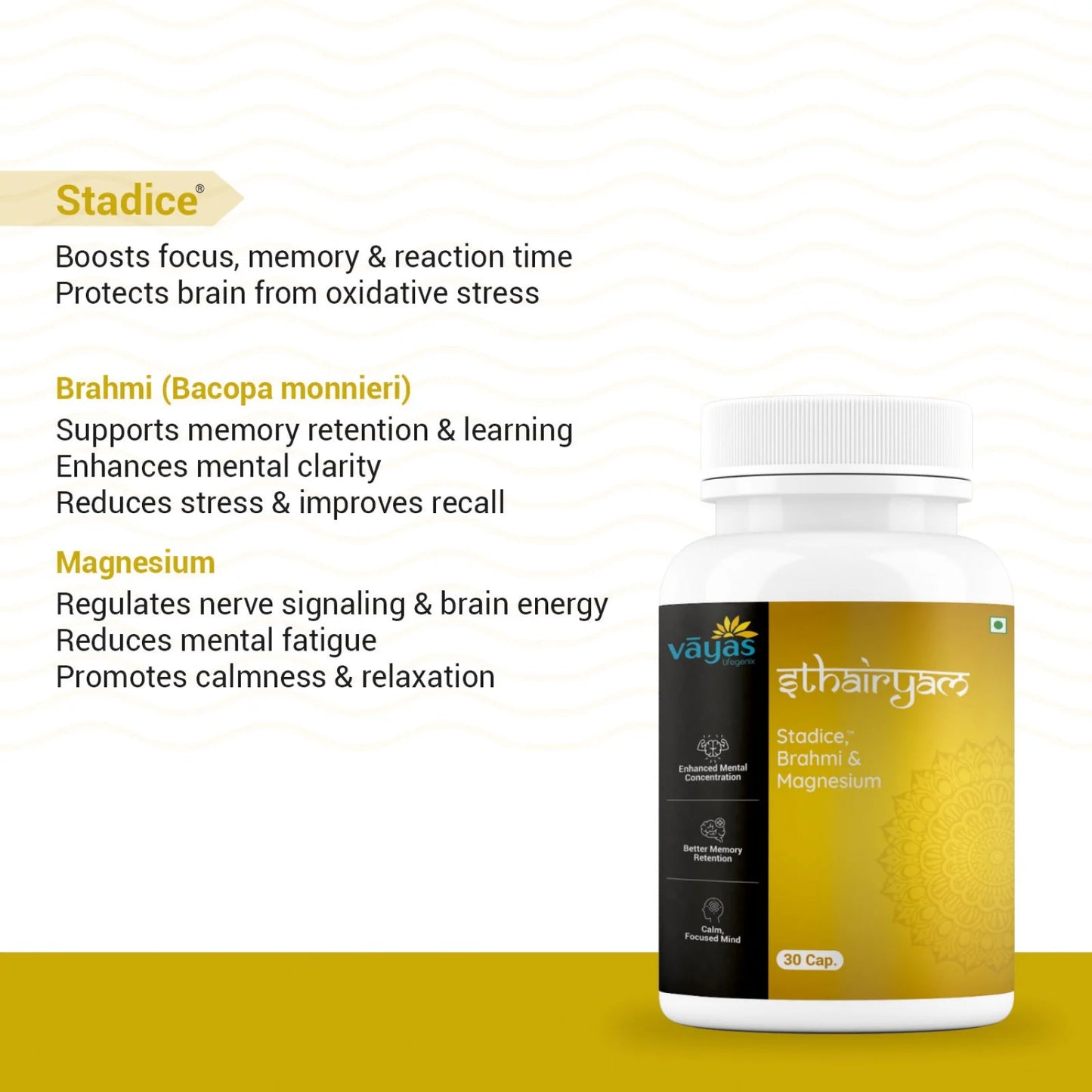 Vāyas Sthairyam | Cognitive Support for Focus, Memory & Calm | With Stadice®, Brahmi & Magnesium