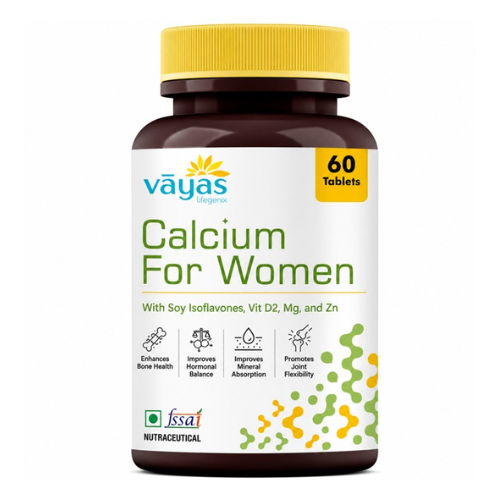 Vāyas Calcium for Women with Calcium Citrate, Soy Isoflavones, Vitamin D2, Magnesium & Zinc | Builds & Maintains Bone Density | Supports Hormonal Balance through Life Transitions | Specially Formulated for Women 30+ | 60 Tablets