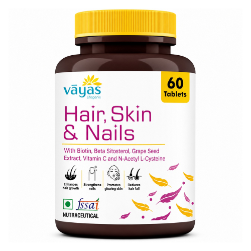 Vāyas Hair, Skin & Nails Supplement with Biotin, Hyaluronic Acid & Vitamin C | Supports Hair Growth & Reduces Hair Fall | Plumps & Hydrates Skin for Youthful Glow | Strengthens Brittle Nails | Boosts Collagen Synthesis | 60 Tablets