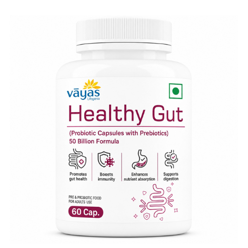Vāyas Life Healthy Gut Probiotic with Prebiotics | 15 Clinically Researched Strains | Supports Digestive Balance & Reduces Bloating | Encourages Regular Bowel Movements | Strengthens Immune Function | With Fructooligosaccharides (FOS) | 30 Capsules