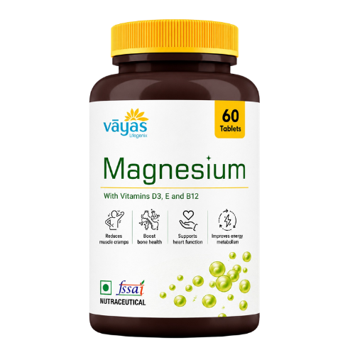 Vāyas Life Magnesium Tablets with D3, E & B12 | Helps Reduce Muscle Cramps | Supports Better Sleep Quality| Supports Bone Strength|  Supports Daily Relaxation | 60 Tablets