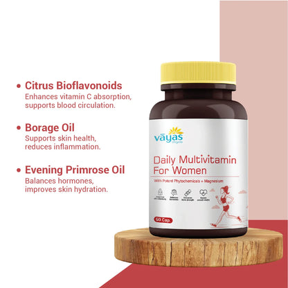 Vāyas Daily Multivitamin for Women: Buy 1 Get 1 FREE (Supports Hormonal Balance, Glowing Skin & Bone Strength - 120 Capsules Total)